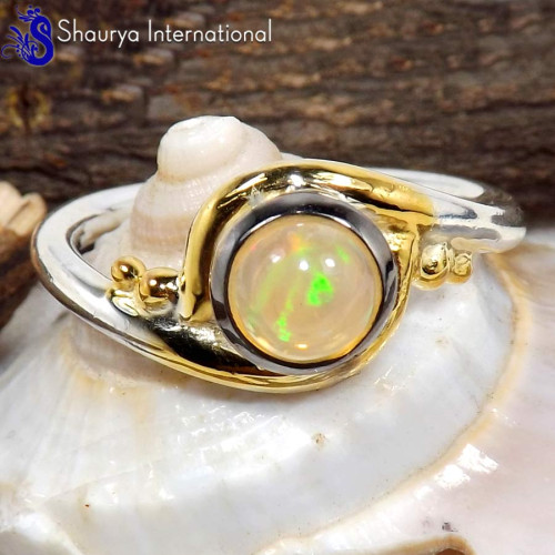 Ethiopian Opal Cab O - SFJ900-Natural Ethiopian Opal Three Tone Light Weight Ring Solid 925 Sterling Silver