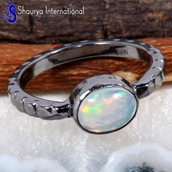 Ethiopian Opal Cab A - SFJ898-Gorgeous Ethiopian Opal Cab Gemstone Two Tone Ring 925 Sterling Silver