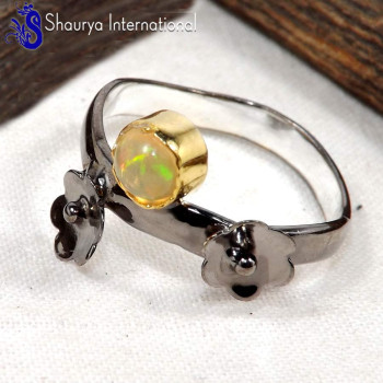 Ethiopian Opal Cab A - SFJ896-Party Wear Ethiopian Opal Two Flower 925 Sterling Silver Three Tone Ring
