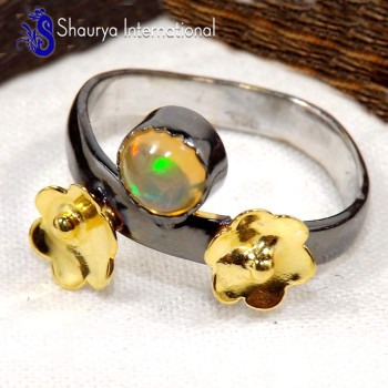Ethiopian Opal Cab B - SFJ896-Party Wear Ethiopian Opal Two Flower 925 Sterling Silver Three Tone Ring