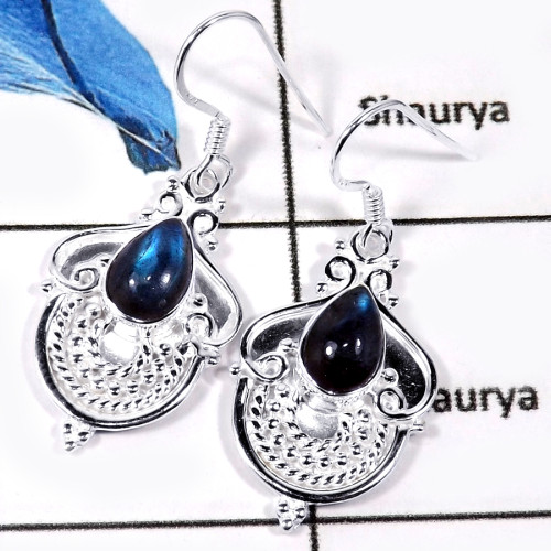Labradorite Cab G - SDE668-Party Wear 925 Silver Designer Dangle Earrings Cabochon Gemstone