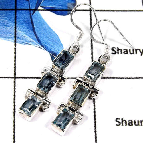 Blue Topaz Cut A - SDE666-Gorgeous Natural Cut & Cab Gemstone Designer Earrings 925 Sterling Silver