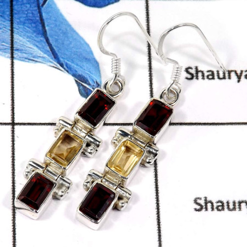 Garnet & Citrine Cut C - SDE666-Gorgeous Natural Cut & Cab Gemstone Designer Earrings 925 Sterling Silver