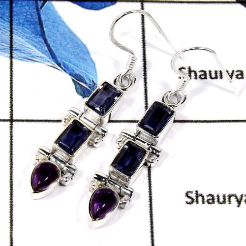 Iolite & Amethyst Cut D - SDE666-Gorgeous Natural Cut & Cab Gemstone Designer Earrings 925 Sterling Silver
