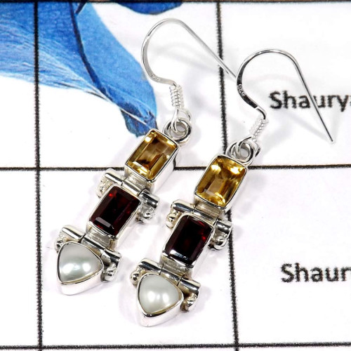 Citrine, Garnet Cut & Pearl Cab F - SDE666-Gorgeous Natural Cut & Cab Gemstone Designer Earrings 925 Sterling Silver