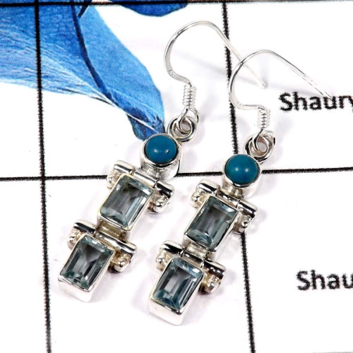 Blue Topaz Cut & Turquoise Cab G - SDE666-Gorgeous Natural Cut & Cab Gemstone Designer Earrings 925 Sterling Silver