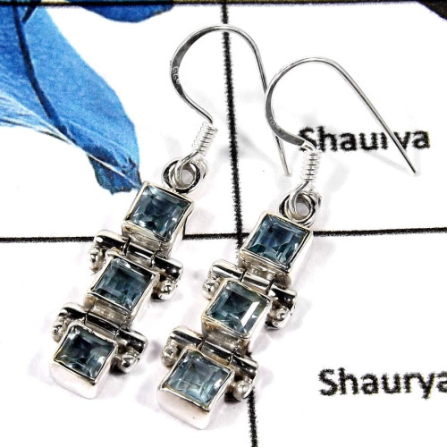 Blue Topaz Cut H - SDE666-Gorgeous Natural Cut & Cab Gemstone Designer Earrings 925 Sterling Silver