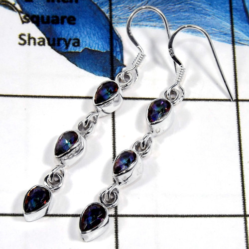 Mystic Cut E - SPE788-Exclusive Collection 925 Silver Plain Setting Long Earrings With Cab & Cut Gemstone