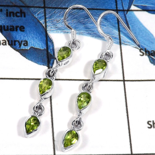 Peridot Cut F - SPE788-Exclusive Collection 925 Silver Plain Setting Long Earrings With Cab & Cut Gemstone