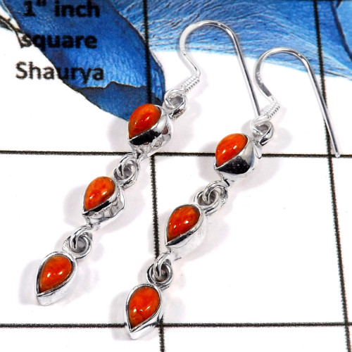 Sponge Coral Cab O - SPE788-Exclusive Collection 925 Silver Plain Setting Long Earrings With Cab & Cut Gemstone