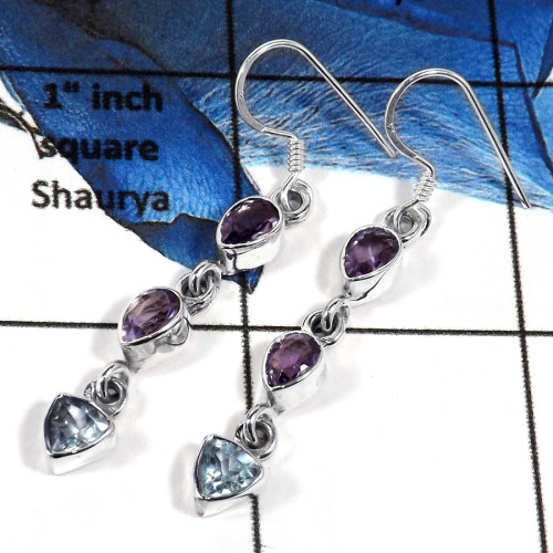 Amethyst & Blue Topaz Cut A - SPE787-Plain Setting 925 Silver Semiprecious Cab & Cut Stone Dangle Earrings