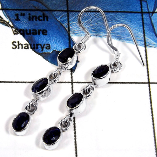 Iolite Cut B - SPE787-Plain Setting 925 Silver Semiprecious Cab & Cut Stone Dangle Earrings