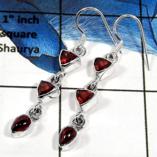 Garnet Cut C - SPE787-Plain Setting 925 Silver Semiprecious Cab & Cut Stone Dangle Earrings