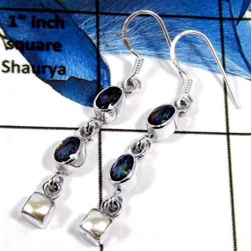 Mystic Cut & Pearl Cab D - SPE787-Plain Setting 925 Silver Semiprecious Cab & Cut Stone Dangle Earrings
