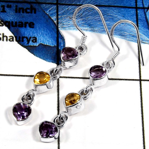Amethyst & Citrine Cut E - SPE787-Plain Setting 925 Silver Semiprecious Cab & Cut Stone Dangle Earrings