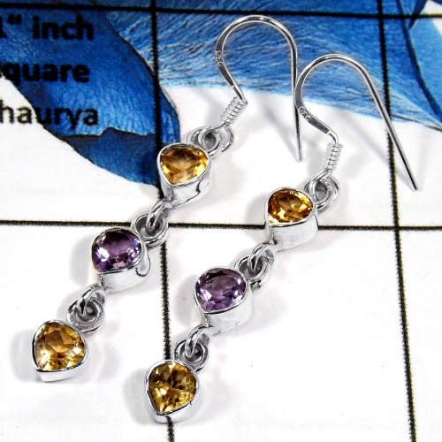 Citrine & Amethyst Cut O - SPE787-Plain Setting 925 Silver Semiprecious Cab & Cut Stone Dangle Earrings