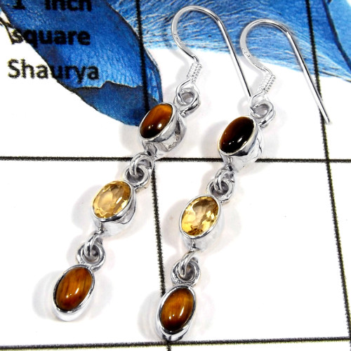 Tiger Eye Cab & Citrine Cut B - SPE786-Party Wear Cab & Cut Gemstone Long Earrings Solid 925 Silver Plain Setting