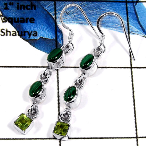 Malachite Cab & Peridot Cut C - SPE786-Party Wear Cab & Cut Gemstone Long Earrings Solid 925 Silver Plain Setting