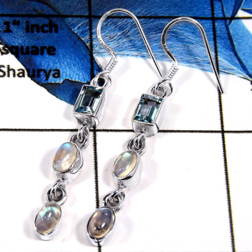 Blue Topaz Cut & Rainbow Moonstone Cab D - SPE786-Party Wear Cab & Cut Gemstone Long Earrings Solid 925 Silver Plain Setting