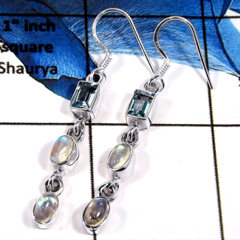 Blue Topaz Cut & Rainbow Moonstone Cab D - SPE786-Party Wear Cab & Cut Gemstone Long Earrings Solid 925 Silver Plain Setting
