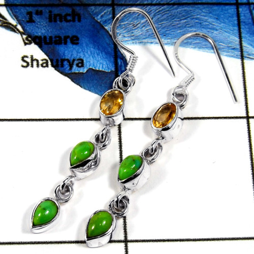Citrine Cut & Green Turquoise Cab E - SPE786-Party Wear Cab & Cut Gemstone Long Earrings Solid 925 Silver Plain Setting