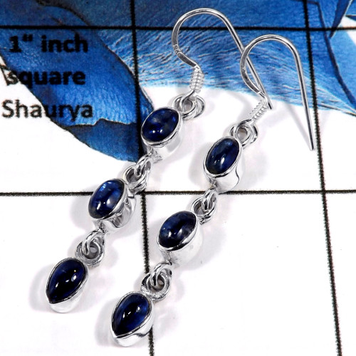 Kyanite Cab F - SPE786-Party Wear Cab & Cut Gemstone Long Earrings Solid 925 Silver Plain Setting