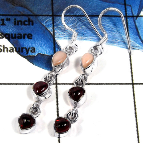 Pink Opal & Garnet Cab O - SPE786-Party Wear Cab & Cut Gemstone Long Earrings Solid 925 Silver Plain Setting