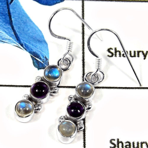 Rainbow Moonstone & Amethyst Cab B - SPE785-Indian Factory Made Solid 925 Silver Plain Cab & Cut Gemstone Earrings
