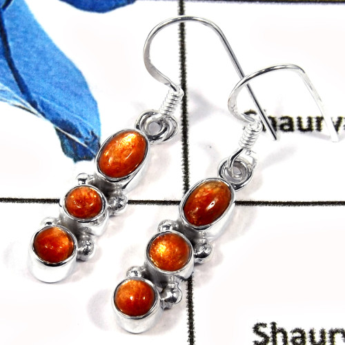 Sunstone Cab C - SPE785-Indian Factory Made Solid 925 Silver Plain Cab & Cut Gemstone Earrings