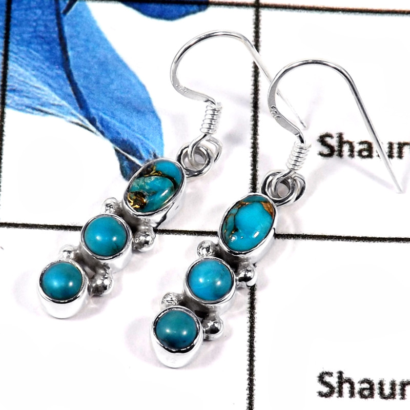 Blue Copper Turquoise & Tibet Turquoise Cab D - SPE785-Indian Factory Made Solid 925 Silver Plain Cab & Cut Gemstone Earrings