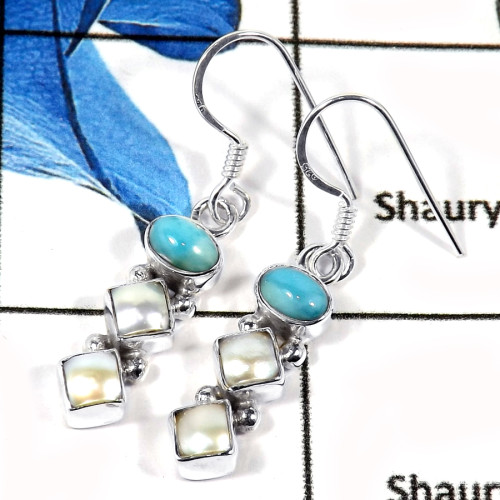 Larimar & Pearl Cab E - SPE785-Indian Factory Made Solid 925 Silver Plain Cab & Cut Gemstone Earrings