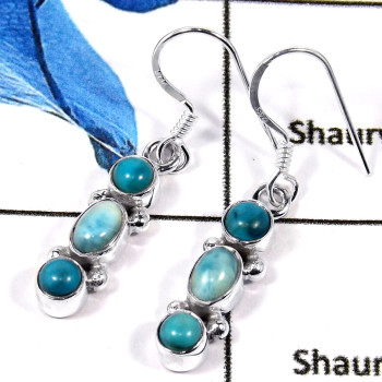 Larimar & Tibet Turquoise Cab F - SPE785-Indian Factory Made Solid 925 Silver Plain Cab & Cut Gemstone Earrings