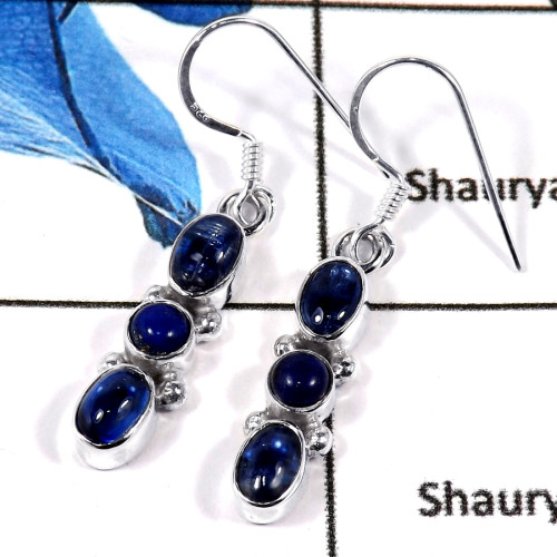 Kyanite & Lapis Cab G - SPE785-Indian Factory Made Solid 925 Silver Plain Cab & Cut Gemstone Earrings