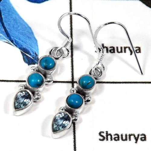 Blue Turquoise Cab & Blue Topaz Cut H - SPE785-Indian Factory Made Solid 925 Silver Plain Cab & Cut Gemstone Earrings