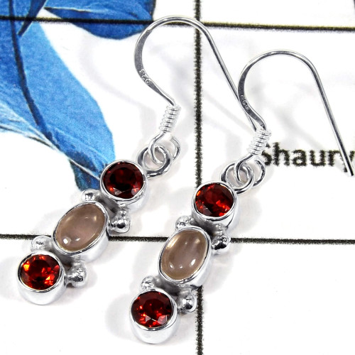 Garnet Cut & Rose Quartz Cab I - SPE785-Indian Factory Made Solid 925 Silver Plain Cab & Cut Gemstone Earrings
