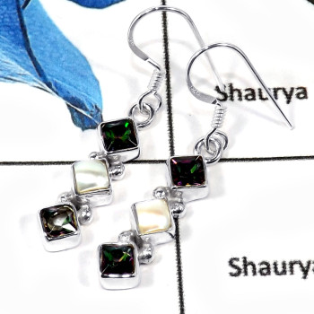 Mystic Cut & Pearl Cab E - SPE784-Solid 925 Sterling Silver Plain Setting Cut Gemstone Dangle Earrings