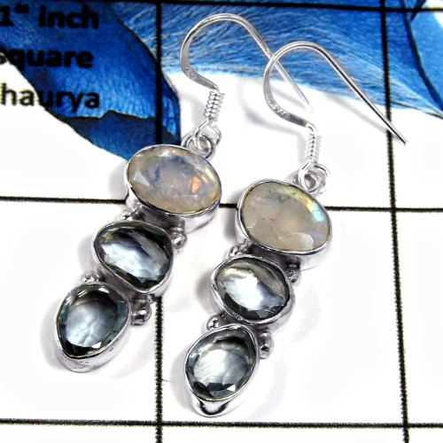 Rainbow Moonstone & Blue Topaz Cut B - SPE783-Newly Handmade Design Cab & Cut Gemstone Earrings 925 Sterling Silver Plain Settin