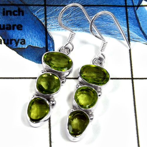 Peridot Cut D - SPE783-Newly Handmade Design Cab & Cut Gemstone Earrings 925 Sterling Silver Plain Setting