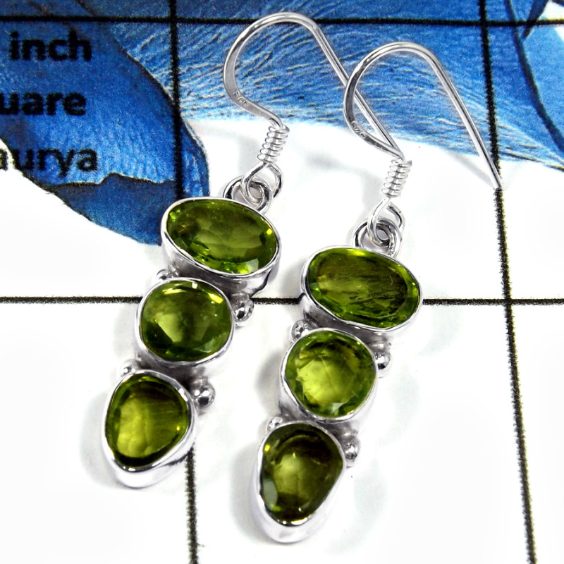 Peridot Cut D - SPE783-Newly Handmade Design Cab & Cut Gemstone Earrings 925 Sterling Silver Plain Setting