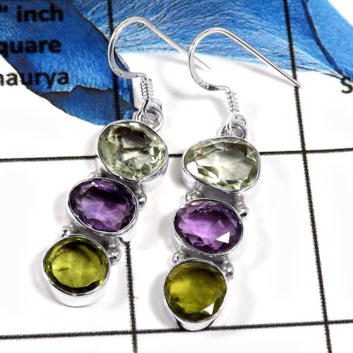 Green Amethyst, Amethyst & Peridot Cut F - SPE783-Newly Handmade Design Cab & Cut Gemstone Earrings 925 Sterling Silver Plain Se