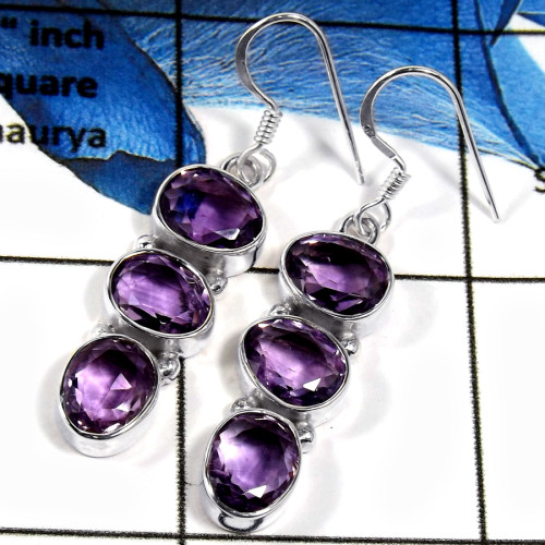 Amethyst Cut O - SPE783-Newly Handmade Design Cab & Cut Gemstone Earrings 925 Sterling Silver Plain Setting