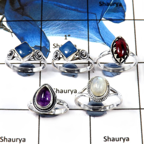5 Pcs Lapis Lazuli, Garnet, Amethyst & Rainbow Cab K - SVP810-Latest Collection Cab Gemstone Rings Solid 925 Sterling Silver