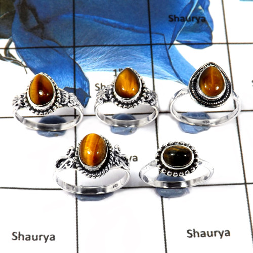 5 Pcs Tiger Eye Cab L - SVP810-Latest Collection Cab Gemstone Rings Solid 925 Sterling Silver