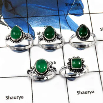 5 Pcs Green Onyx Cab A - SVP809-Newly Handmade 5 Pcs Wholesale Lots 925 Silver Rings With Cab Gemstone