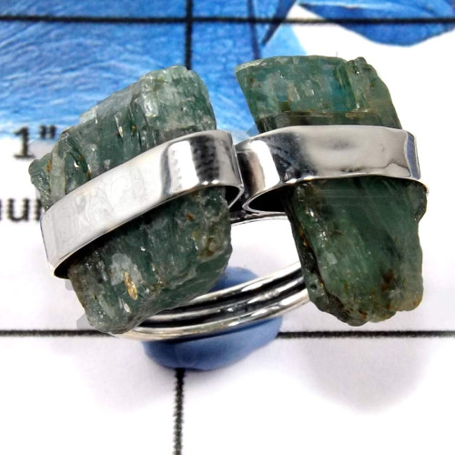 Green Kyanite Rough Stone A - PSR743-Solid 925 Silver Plain Setting Natural Green Kyanite Rough Stone Ring