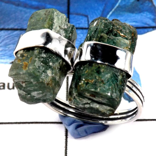 Green Kyanite Rough Stone B - PSR743-Solid 925 Silver Plain Setting Natural Green Kyanite Rough Stone Ring