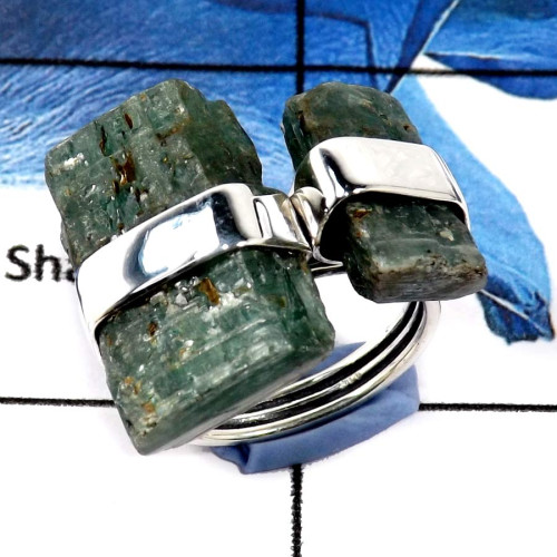 Green Kyanite Rough Stone C - PSR743-Solid 925 Silver Plain Setting Natural Green Kyanite Rough Stone Ring