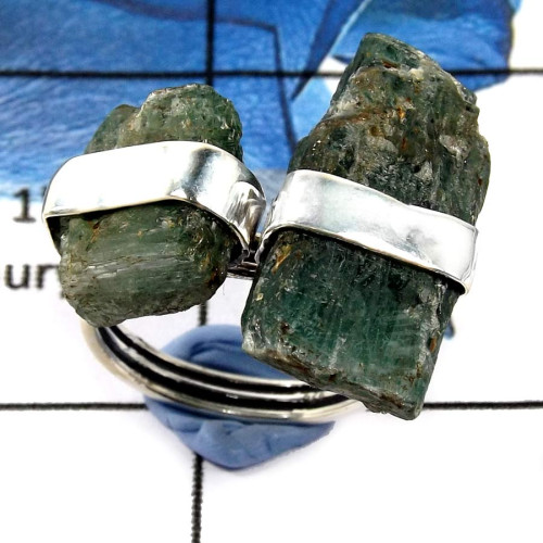 Green Kyanite Rough Stone D - PSR743-Solid 925 Silver Plain Setting Natural Green Kyanite Rough Stone Ring