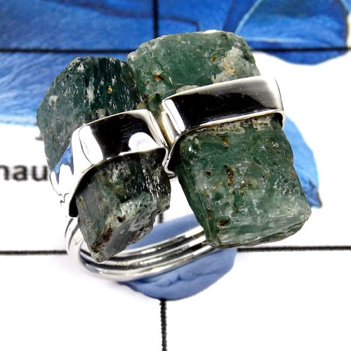 Green Kyanite Rough Stone E - PSR743-Solid 925 Silver Plain Setting Natural Green Kyanite Rough Stone Ring