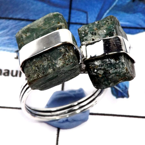 Green Kyanite Rough Stone F - PSR743-Solid 925 Silver Plain Setting Natural Green Kyanite Rough Stone Ring